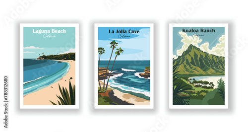 Kualoa Ranch, Hawaii, La Jolla Cove, California, Laguna Beach, California - Vintage travel poster. Vector illustration. High quality prints photo