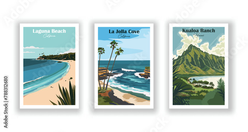 Kualoa Ranch, Hawaii, La Jolla Cove, California, Laguna Beach, California - Vintage travel poster. Vector illustration. High quality prints