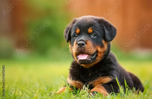 A rottweiler puppy is laying on the grass