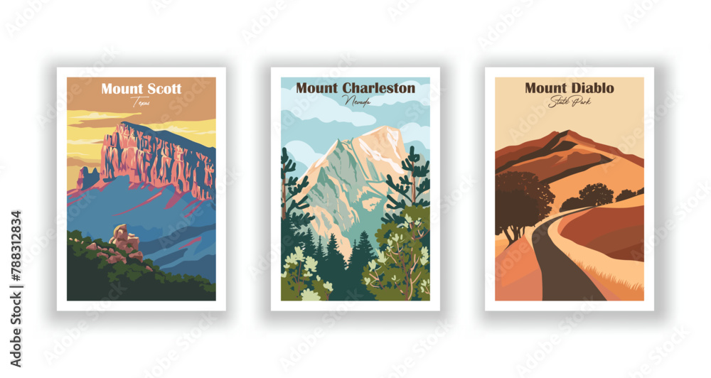 Mount Charleston, Nevada, Mount Diablo, State Park, Mount Scott, Texas - Vintage travel poster. Vector illustration. High quality prints