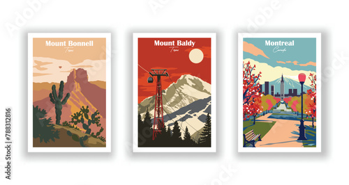 Montreal, Canada, Mount Baldy, Texas, Mount Bonnell, Texas - Vintage travel poster. Vector illustration. High quality prints photo