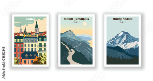 Mount Shasta, California, Mount Tamalpais, California, Nantes, France - Vintage travel poster. Vector illustration. High quality prints
