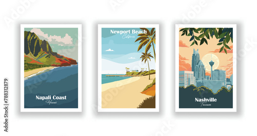 Napali Coast, Hawaii, Nashville, Tennessee, Newport Beach, California - Vintage travel poster. Vector illustration. High quality prints photo