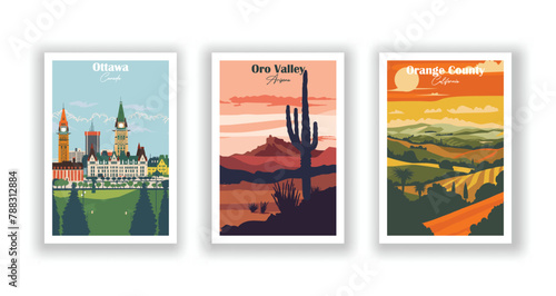 Orange County, California, Oro Valley, Arizona, Ottawa, Canada - Vintage travel poster. Vector illustration. High quality prints