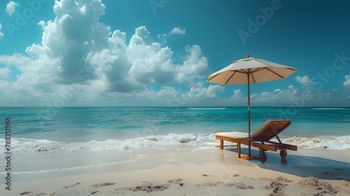 leisurely vibe of a long beach chair and umbrella against a vibrant turquoise beach, their inviting allure captured in realistic 8k full ultra HD resolution.