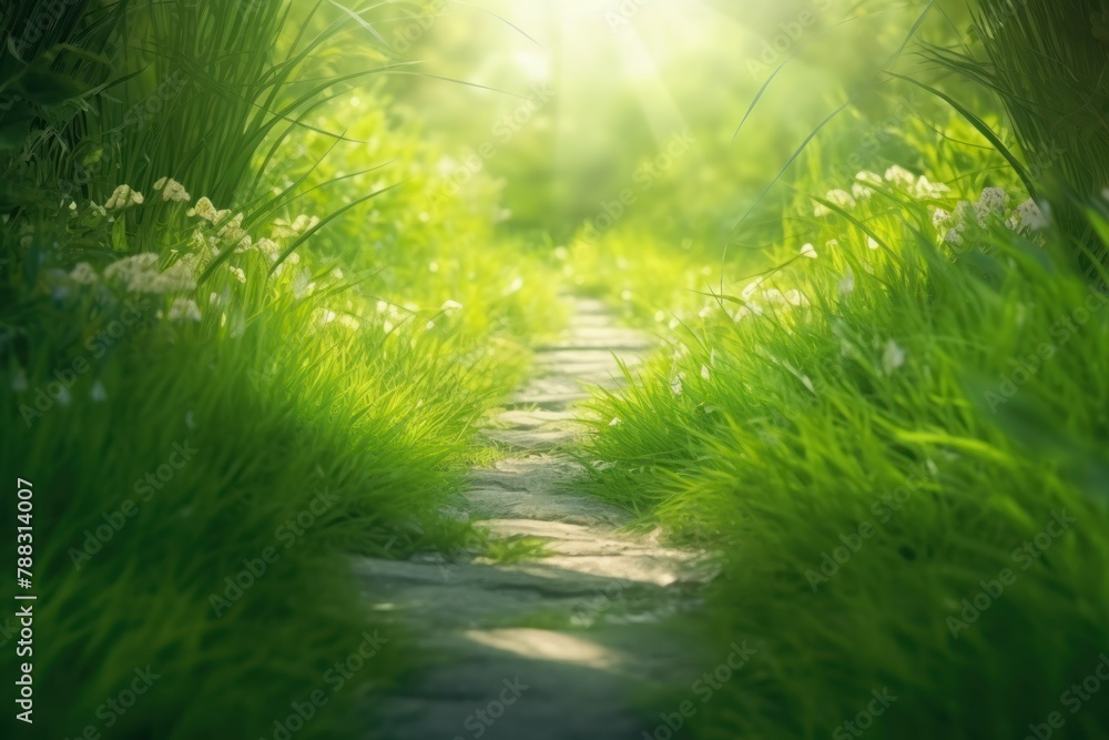 Path in green grass, sunlight. Nature background.