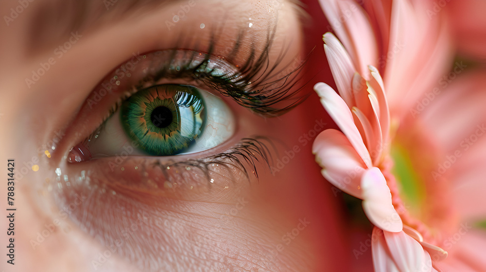 Fototapeta premium Close up of woman green eye. Pink flower on background, generative ai