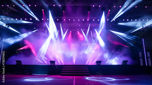 Lighting equipment on a stage. Color light. Spotlight shines on the stage, scene, and podium. Bright lighting with spotlights.