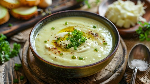 Kohlrabi cream soup with roasted bread and green pepper. Delectable turnip cabbage vegan food