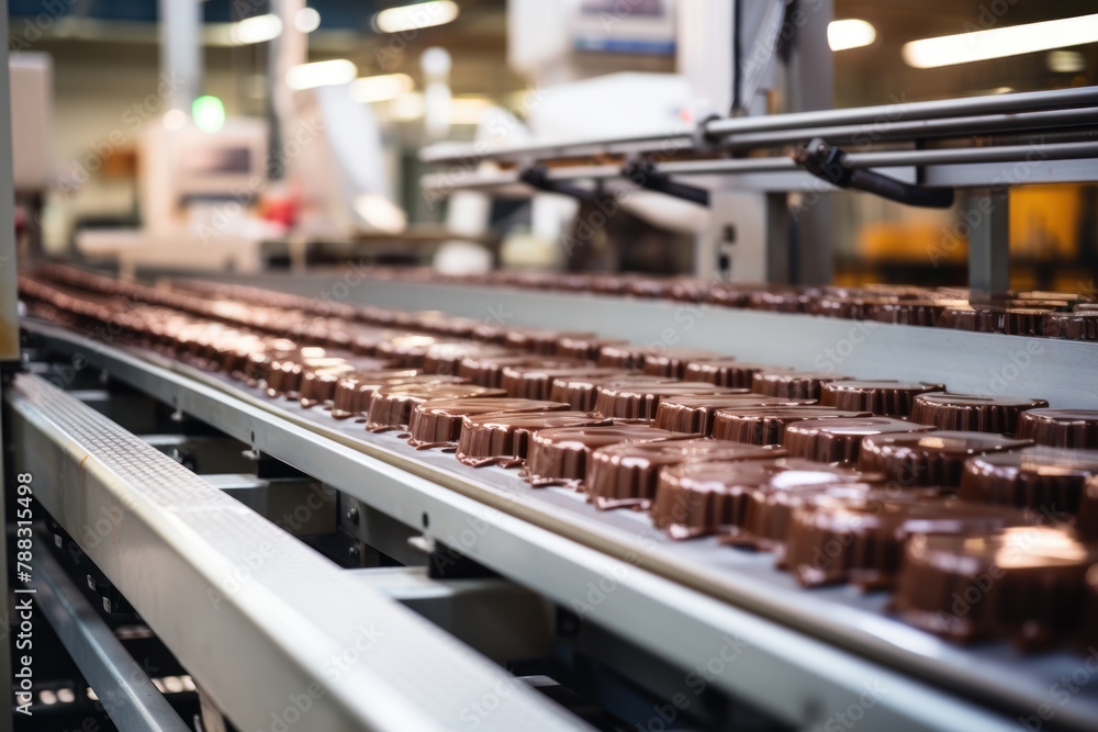 Conveyor belt with chocolate candies on production line in factory. Confectionery production, organization of work in workshops