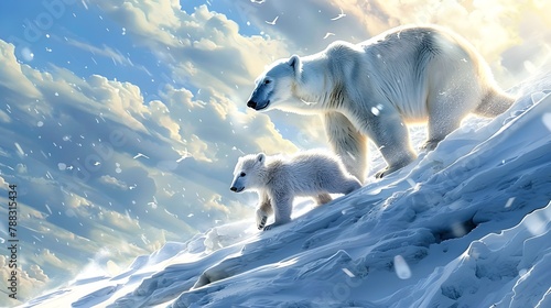 a cartoonic polar bear and his little cub walking down the snowy mountain photo