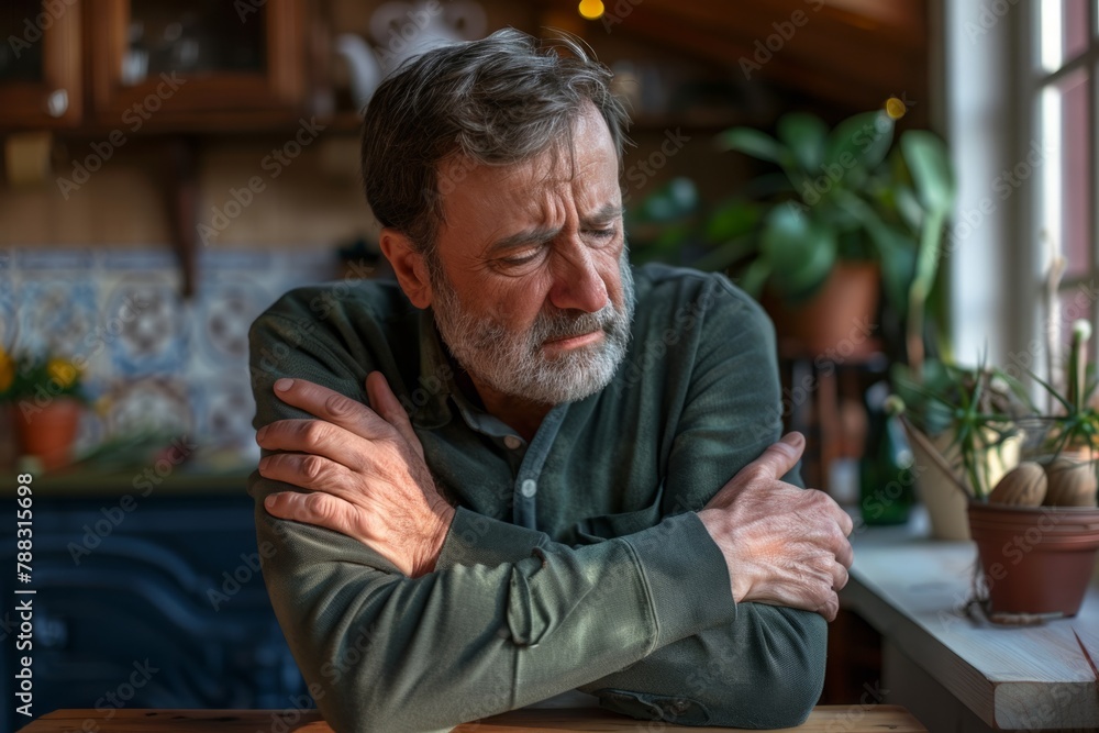 Fototapeta premium Sitting at his desk at home, the senior man grimaced as the pain in his elbow intensified