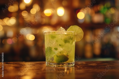 Refreshing caipirinha cocktail with lime and mint on a bar counter