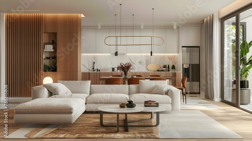 Interior of modern living room with comfortable lounge and dining areas © Pascal