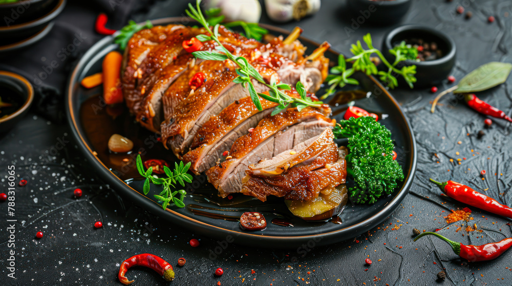 Traditional roasted turkey with herbs and sauce. Baked duck breast with aromatic herbs and spices on a black plate on dark background. Restaurant menu, recipe. Baked chicken with vegetables