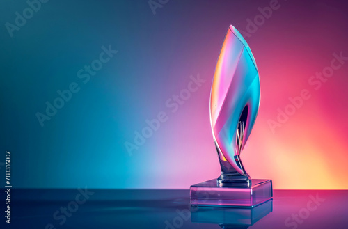 Modern Multicolored Glass Trophy on Reflective Surface with Gradient Background
