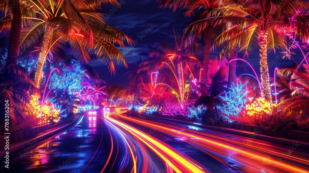 Coconut trees along the beachside road at dark-twilight, Coconut tree and street are outlined with neon lights, and passing cars blur into streaks of light