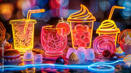 A digital illustration featuring an array of desserts and drinks depicted in bright neon outlines against a bokeh background.