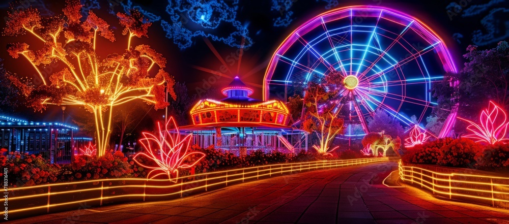 Fototapeta premium Ferris wheel in the amusement park, as evening approaches, is outlined with neon lights, and neon glows from trees, flowers, and various shops are in a multitude of colors