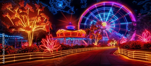 Ferris wheel in the amusement park, as evening approaches, is outlined with neon lights, and neon glows from trees, flowers, and various shops are in a multitude of colors © saichon
