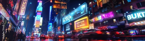 Neon billboard, bright lights, bold message, urban night, 