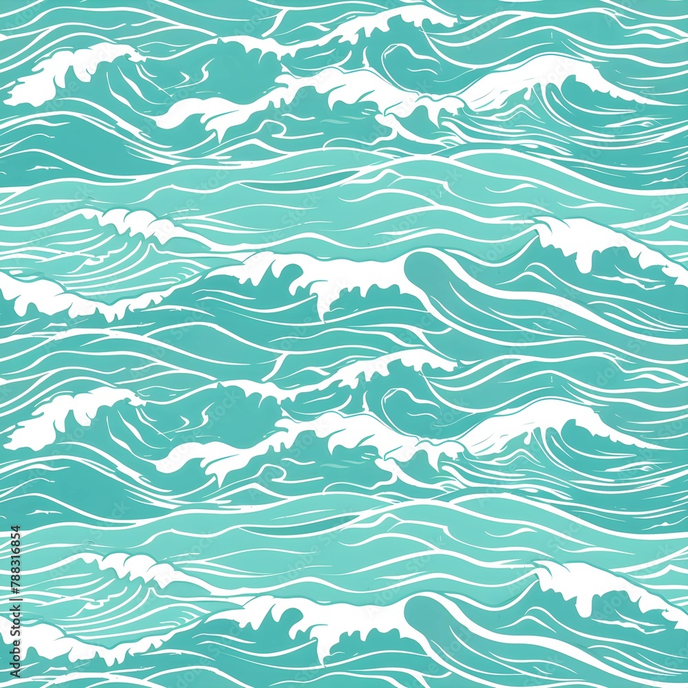 Horizontal seamless pattern of surging waves in a turquoise line. Design for backdrops with sea, rivers or water texture.