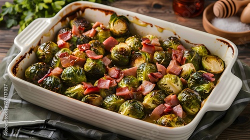 Honey caramelized brussels sprouts with ham photo