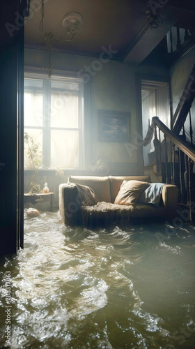 Flooded private house Interior. Climate change and natural disasters concept. photo