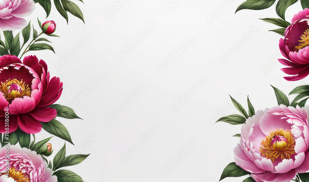 Banner with watercolor peony flowers on light background. Flat lay, top view. Frame template for web, wedding invitation, Mothers and Womans day. Floral composition with copy space. 