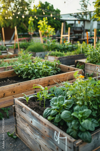 Raised garden beds within an urban setting where the community cultivates vegetables and herbs, demonstrating urban agriculture and sustainable living practices