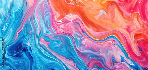 Abstract marbled acrylic crayon paint ink painted waves painting texture colorful background banner - Blue pink orange color swirls wave