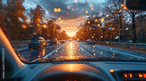 view from inside the car riding on the highway with perspective of driverimage illustration