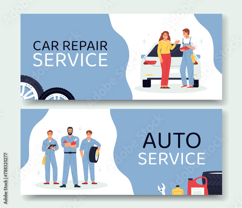 Hand drawn flat mechanic horizontal banner template set collection with employees repairing cars