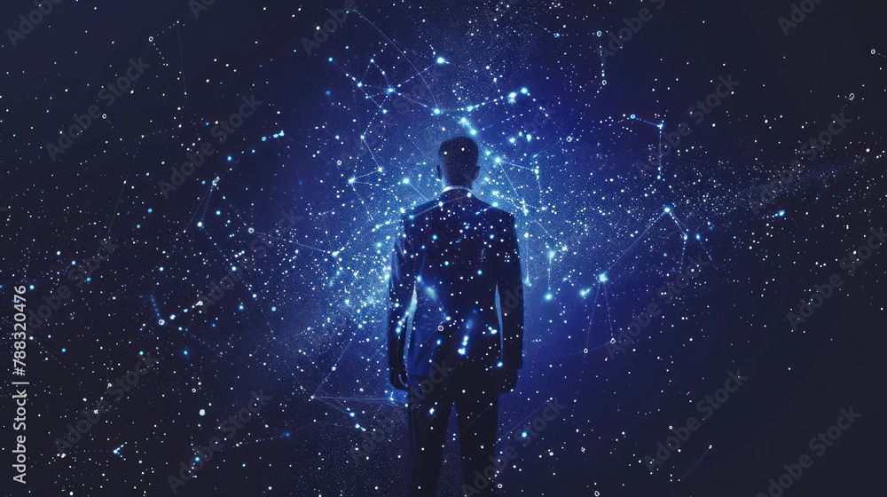 Abstract image of a businessman in suit in the form of a starry sky or space, consisting of points, lines, and shapes in the form of planets, stars and the universe.