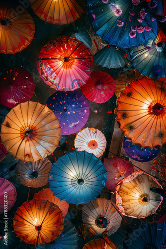 Vertical Cambodia party with coloufull umbrellas and a lot of textures. , Top view.