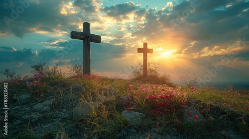 holy cross symbolizing the death and resurrection of jesus christ with the sky over golgotha hill is shrouded in light and cloudsillustration photo