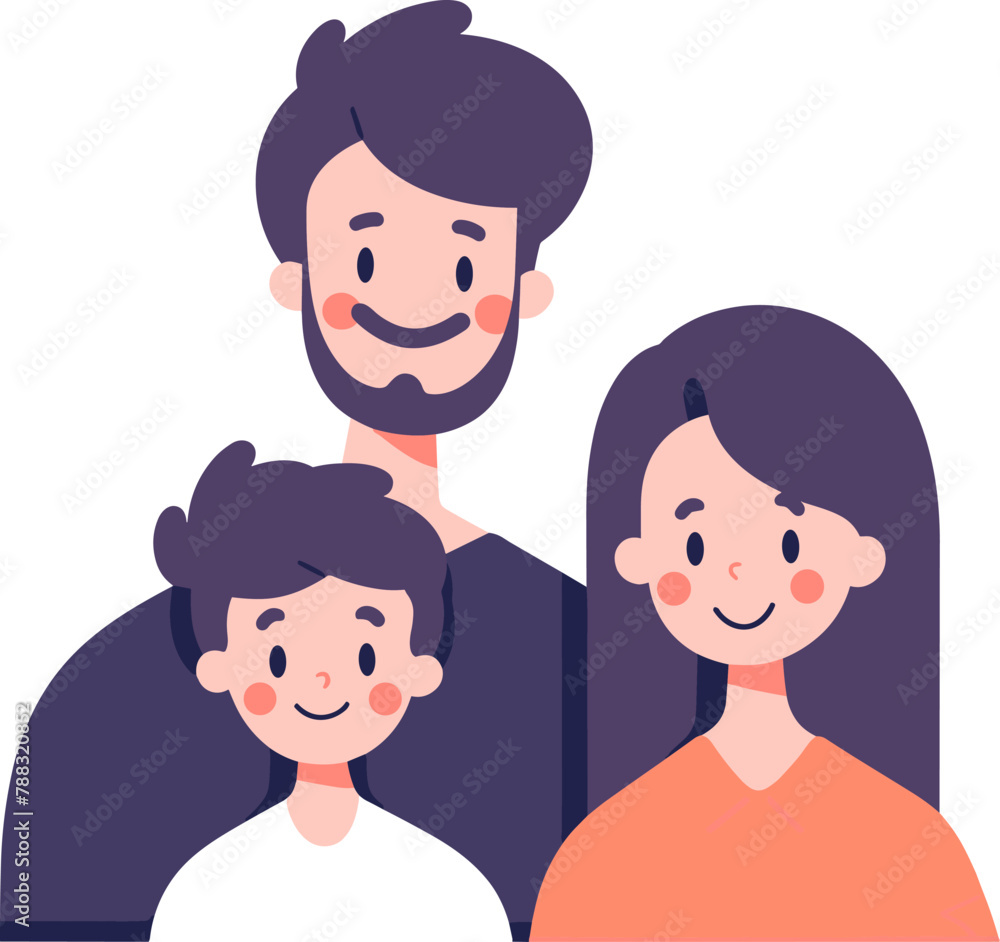 Portrait of a cheerful family with a young child, showcasing warmth and happiness. Flat vector illustration. Portrait of a cheerful family with a young child, showcasing warmth and happiness. Flat vector illustration.
