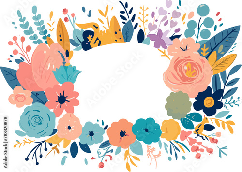 Vector illustration of a happy family with children, set against a stylized backdrop of abstract flowers.