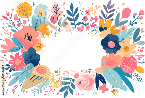 Flat vector illustration of floral wreath with a variety of flowers and leaves  in a whimsical  colorful style on a white background.
