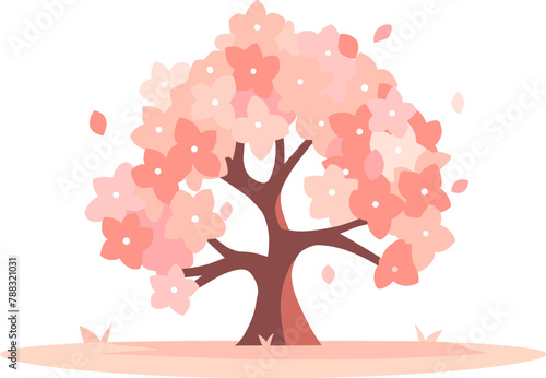 Vector illustration of a cherry blossom tree in full bloom with pink flowers and a warm, soft background.
