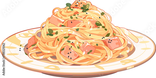 Vector illustration of a plate of salmon pasta with garnishes, recipe, culinary symbol. Flat design.