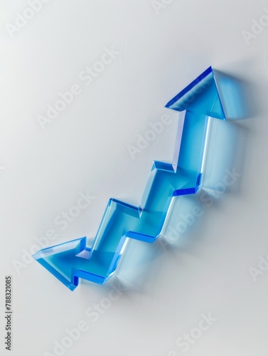 Blue acrylic arrow bar graph on a white isolated background. Blue chart ,arrow. Business economic and money investment concept hyper realistic 