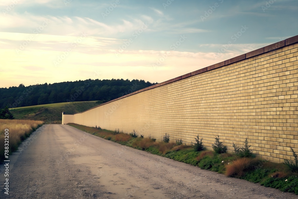 Fototapeta premium dirt road next to bordered thick brick wall