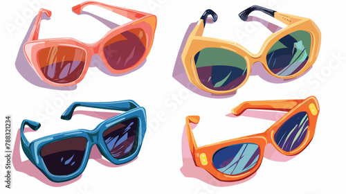 Four Sunglasses. Different shapes colors. Plastic met