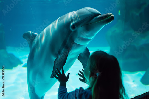 Silhouettes of children marveling at a dolphin through the glass of an aquarium, capturing a moment of wonder and connection with marine life © Emanuel