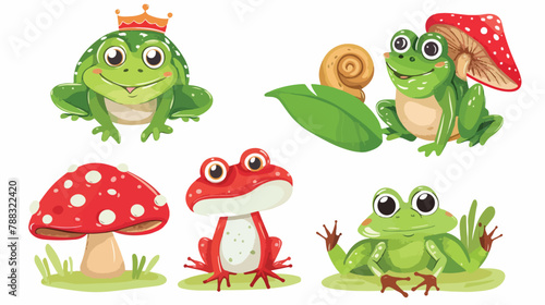 Set of cute Frogs. Frog with crown sitting on a red m