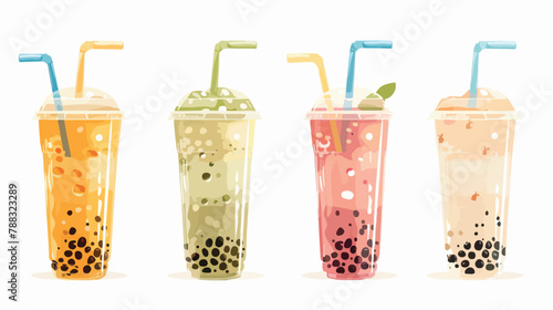 Set of Four Bubble tea. Milk tea with tapioca pearls.
