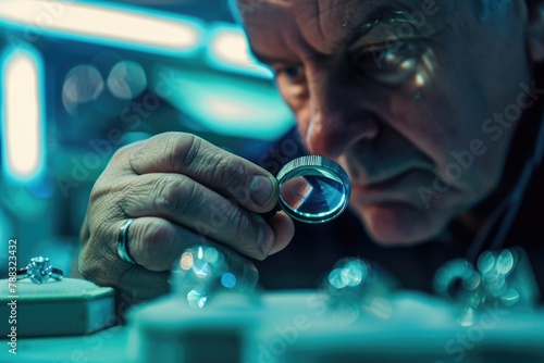 Craftsman meticulously inspects gemstones with magnifying glass in a focused workshop environment