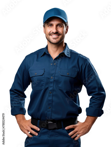 technical man wear blue uniform in white background