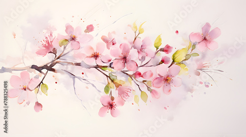 Blossoming Spring Cherry Branches Soft Watercolor Illustration